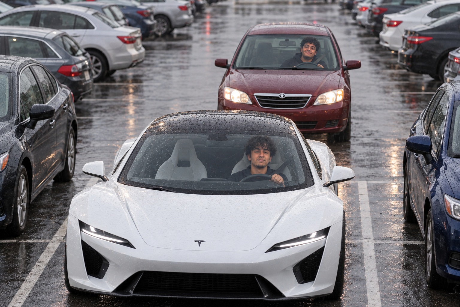AI-generated parody showing Shlok driving a white Tesla Roadster in a parking spot and Nikil in a red car behind him.